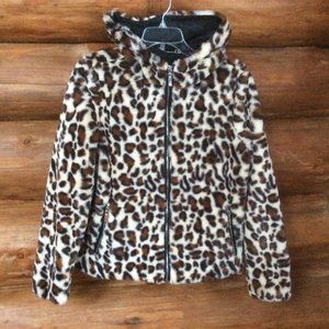 J2 by Joujou Leopard Print Plush Faux Fur Hooded Zip Up Vegan Jacket SZ Small